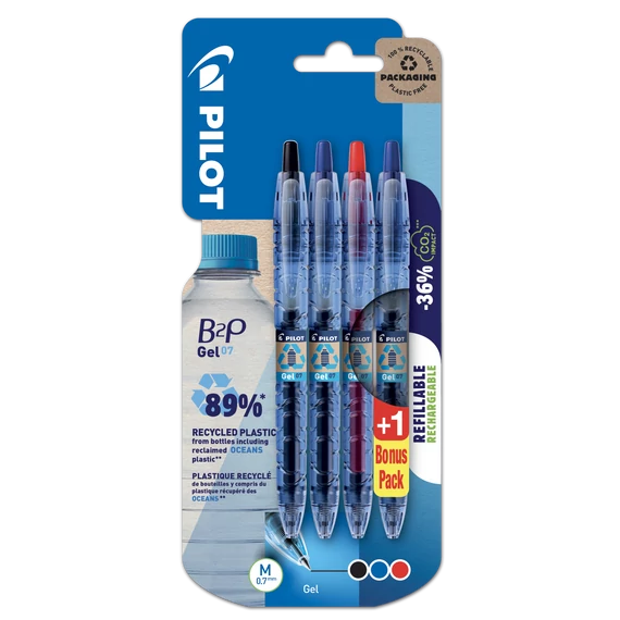 B2P 0,7mm fekete+kék+piros+ 1 kék ajándék zseléstoll bliszteren